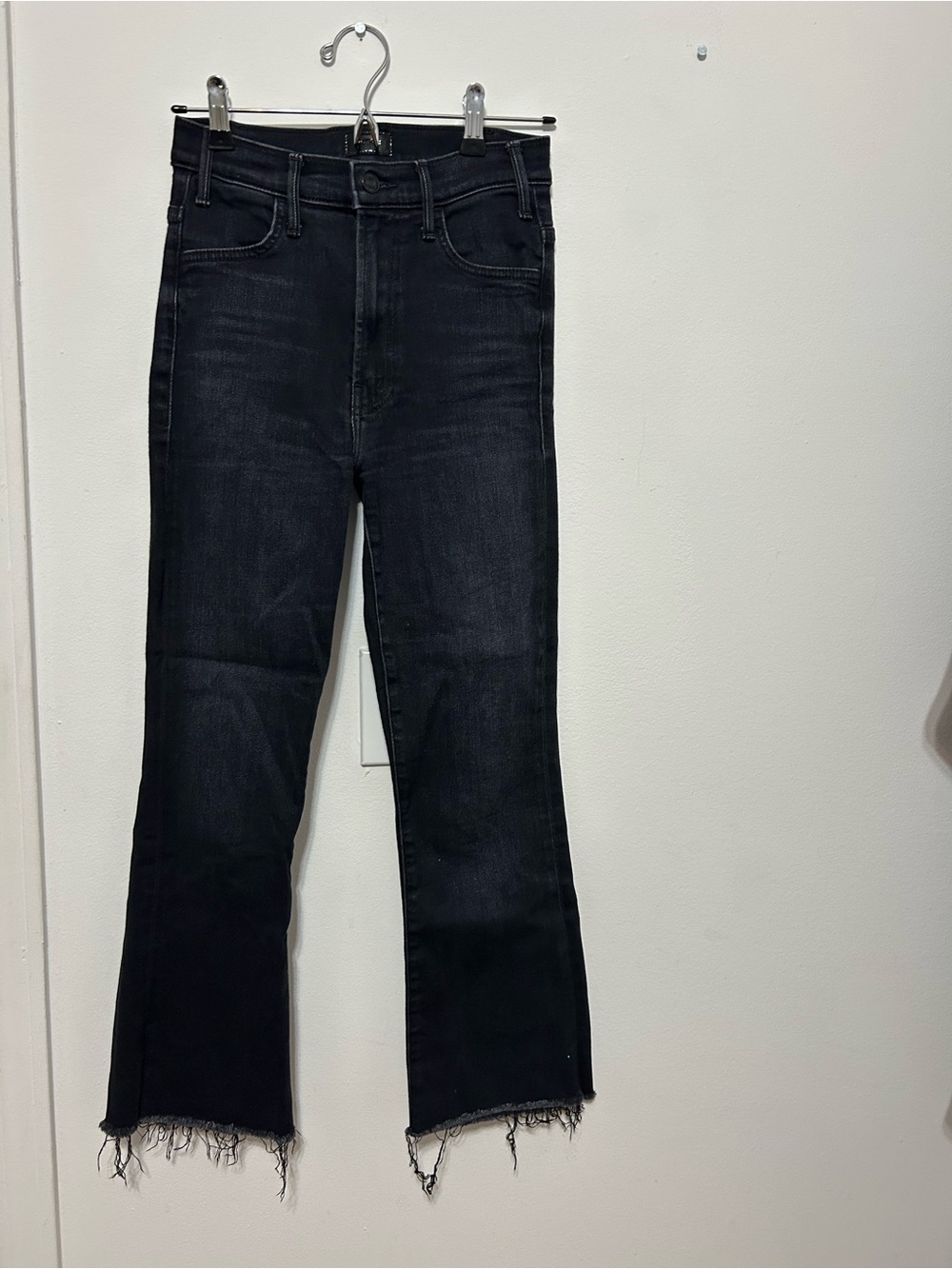 MOTHER Black High-Rise Crop Flare Jeans with Raw Hem
